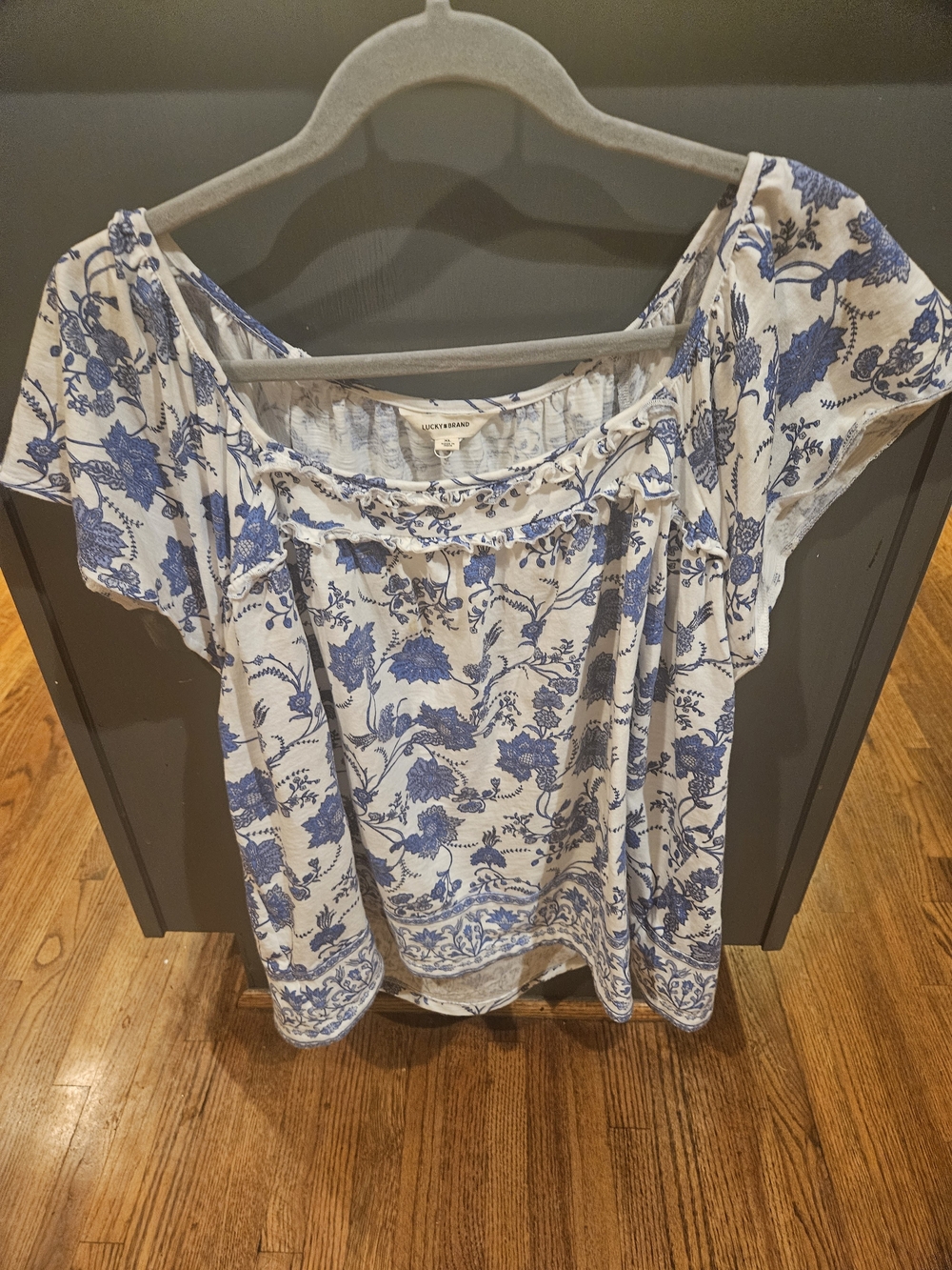 Lucky Brand White and Blue Floral Peasant Blouse